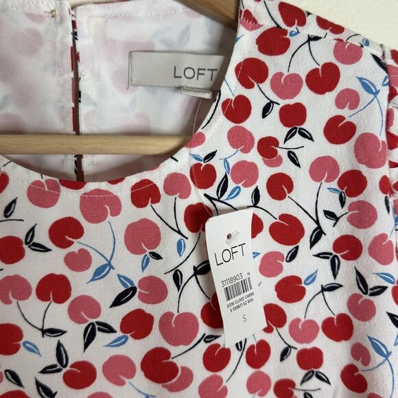 Loft Dress Womens Small White Red Cherry Print Long Sleeve Lined Shift Mini - Picture 9 of 11